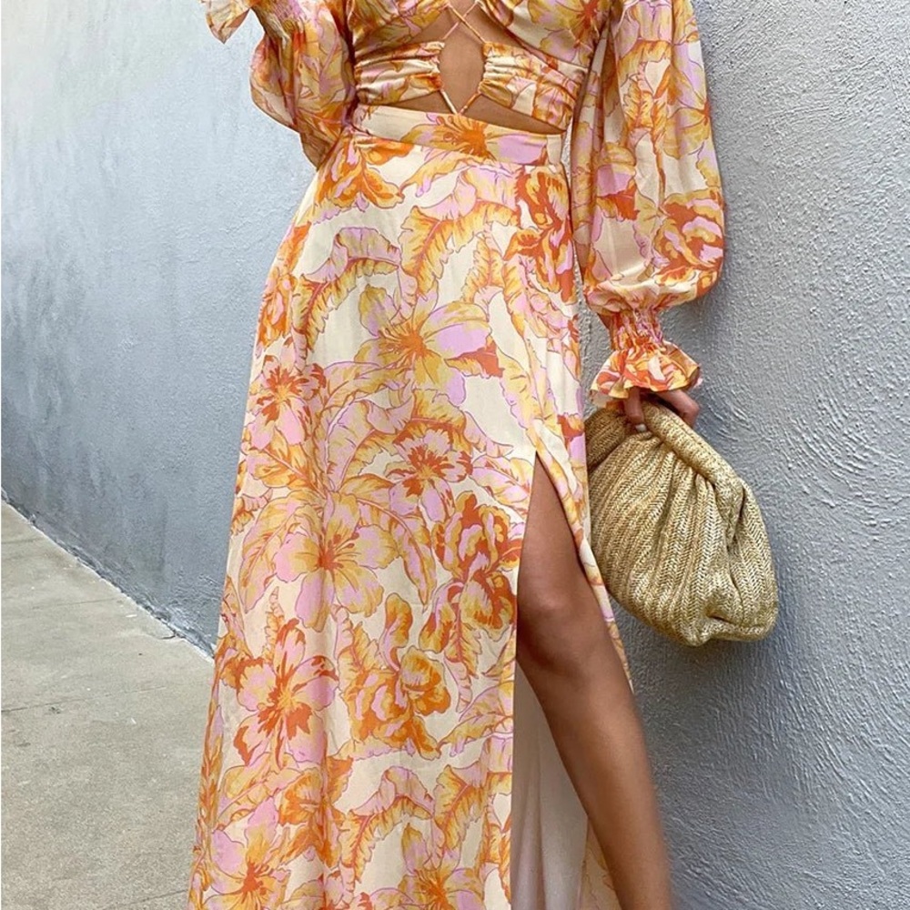 Asymmetrical Sundress in Pink and Orange with Long Bishop Sleeves and High Slit